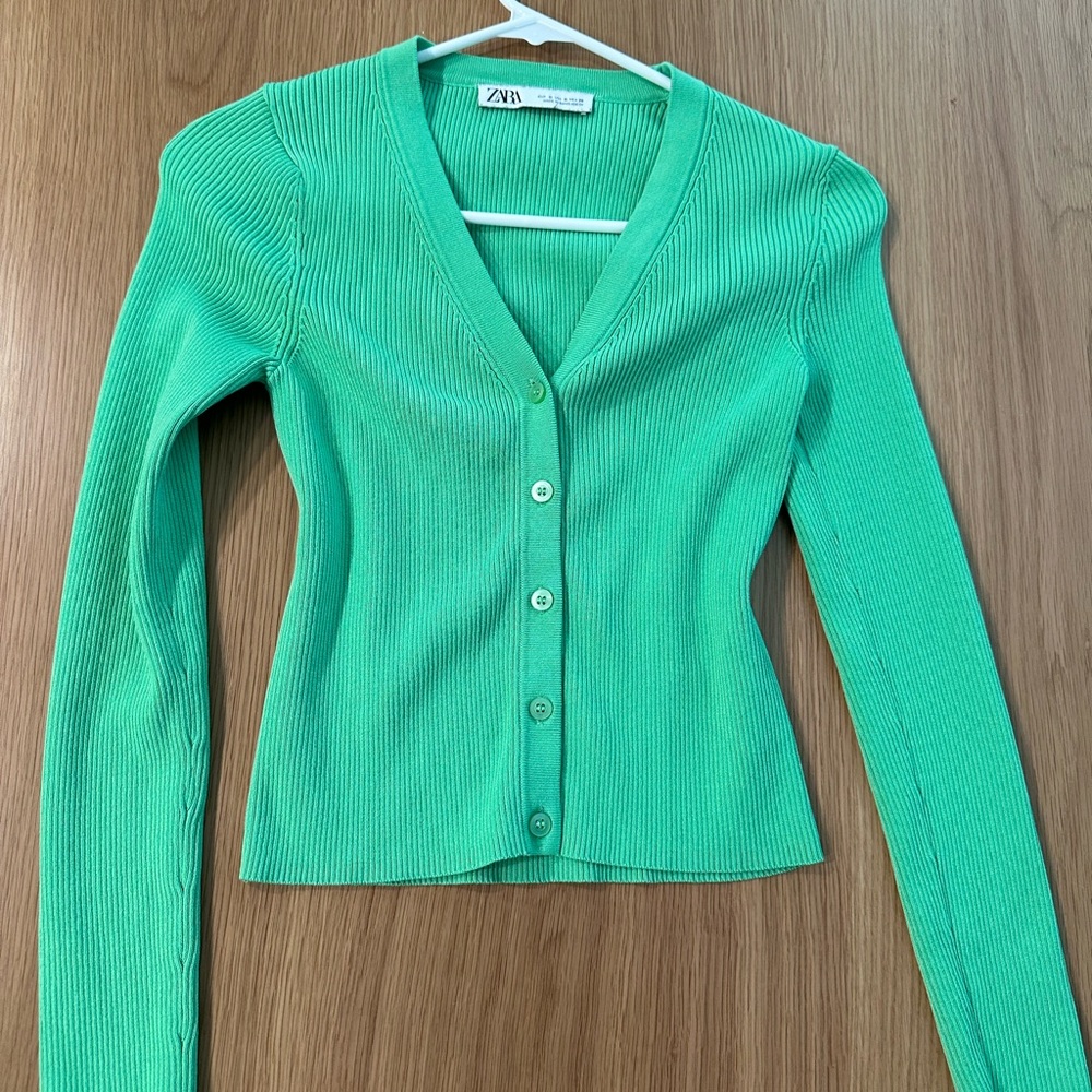 Zara Green Ribbed Women's Sweater Cardigan
